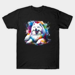 Samoyed Dog Captured in Colorful Abstract Splash Art T-Shirt